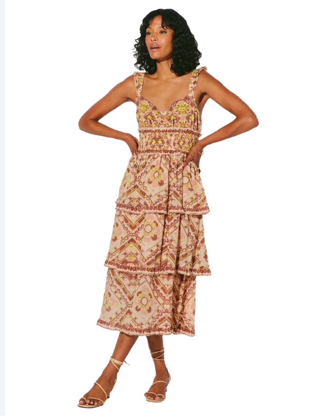 Cleobella Tiered Floral Midi Dress in Blush and Rust
